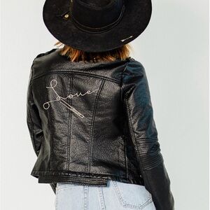 Black Faux Leather Women's Moto Jacket with Back Script